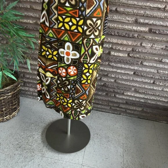 Pomare Tahiti Colorful Hawaiian Tribal Barkcloth Sleeveless Maxi Dress